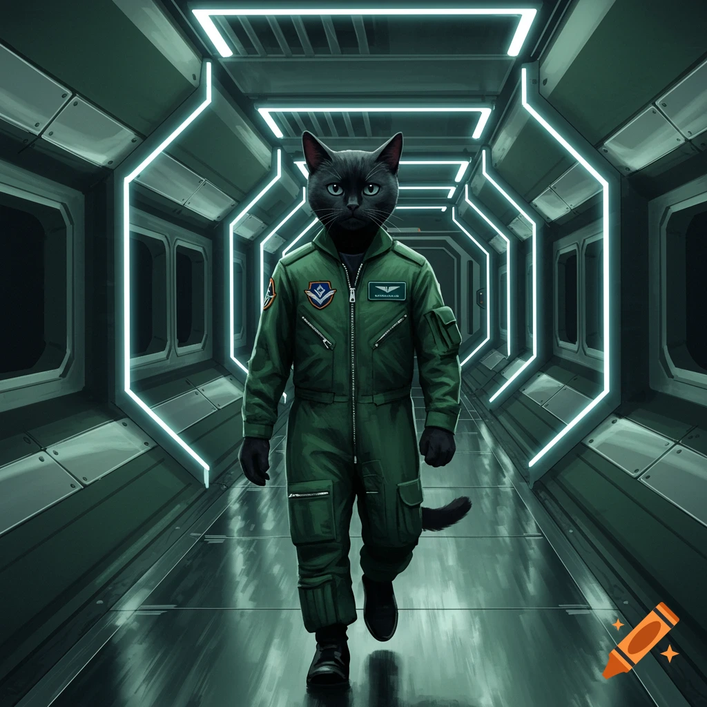 A black cat in a green flight suit walks down a futuristic, neon-lit spaceship corridor.
