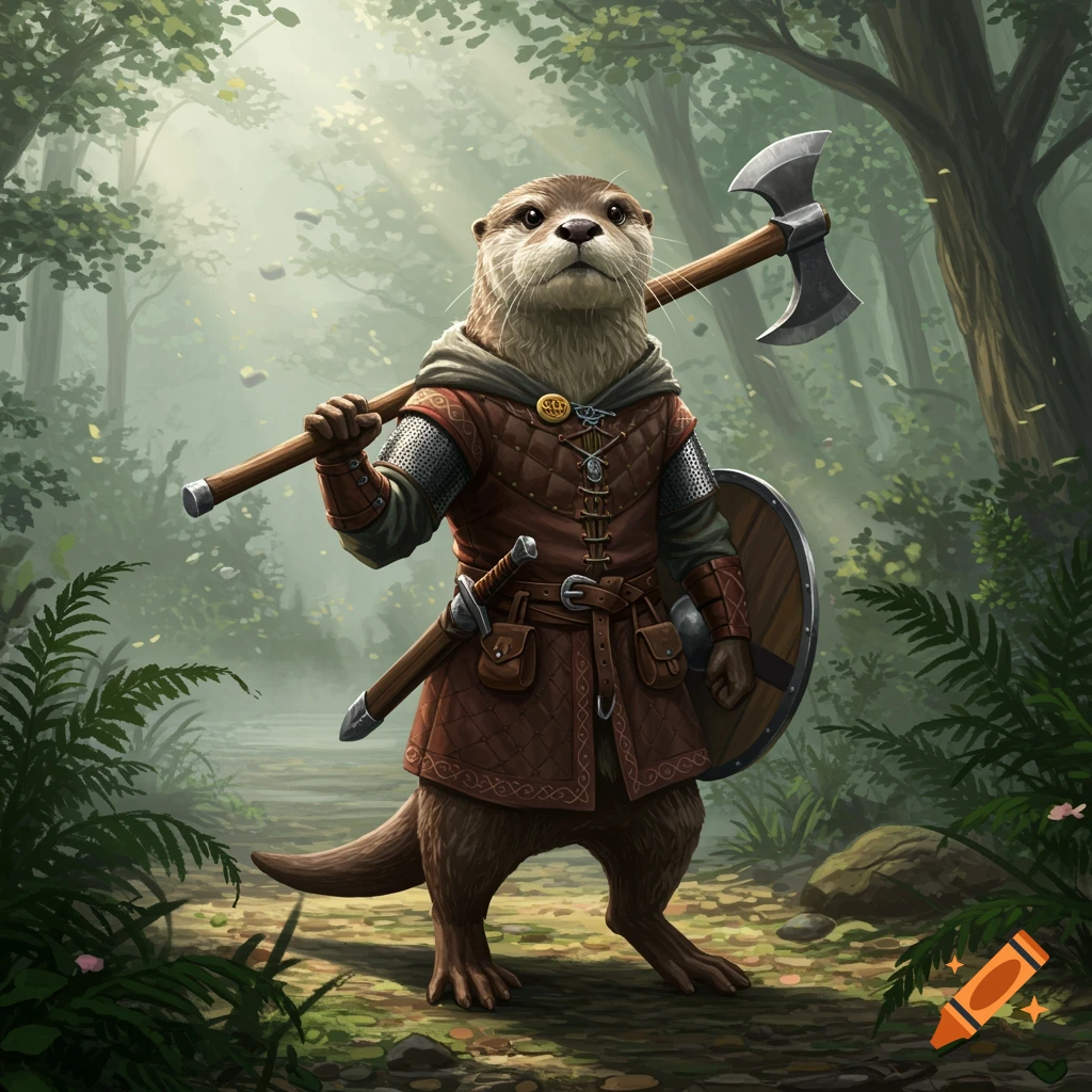 A humanoid otter in Saxon-style clothing stands in a forest, holding a great axe over its shoulder and a shield.