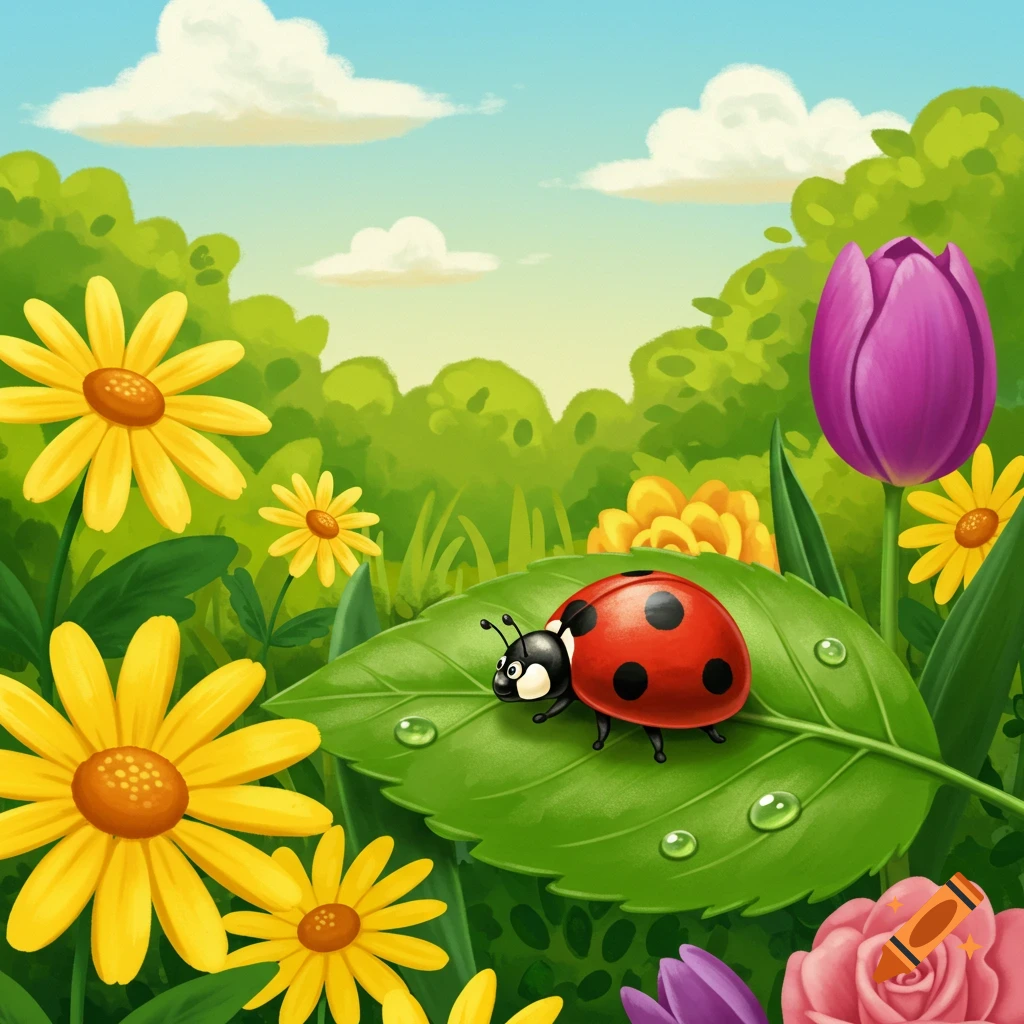 A cute red ladybug sits on a green leaf amidst bright yellow and purple flowers in a sunny children's book style garden.