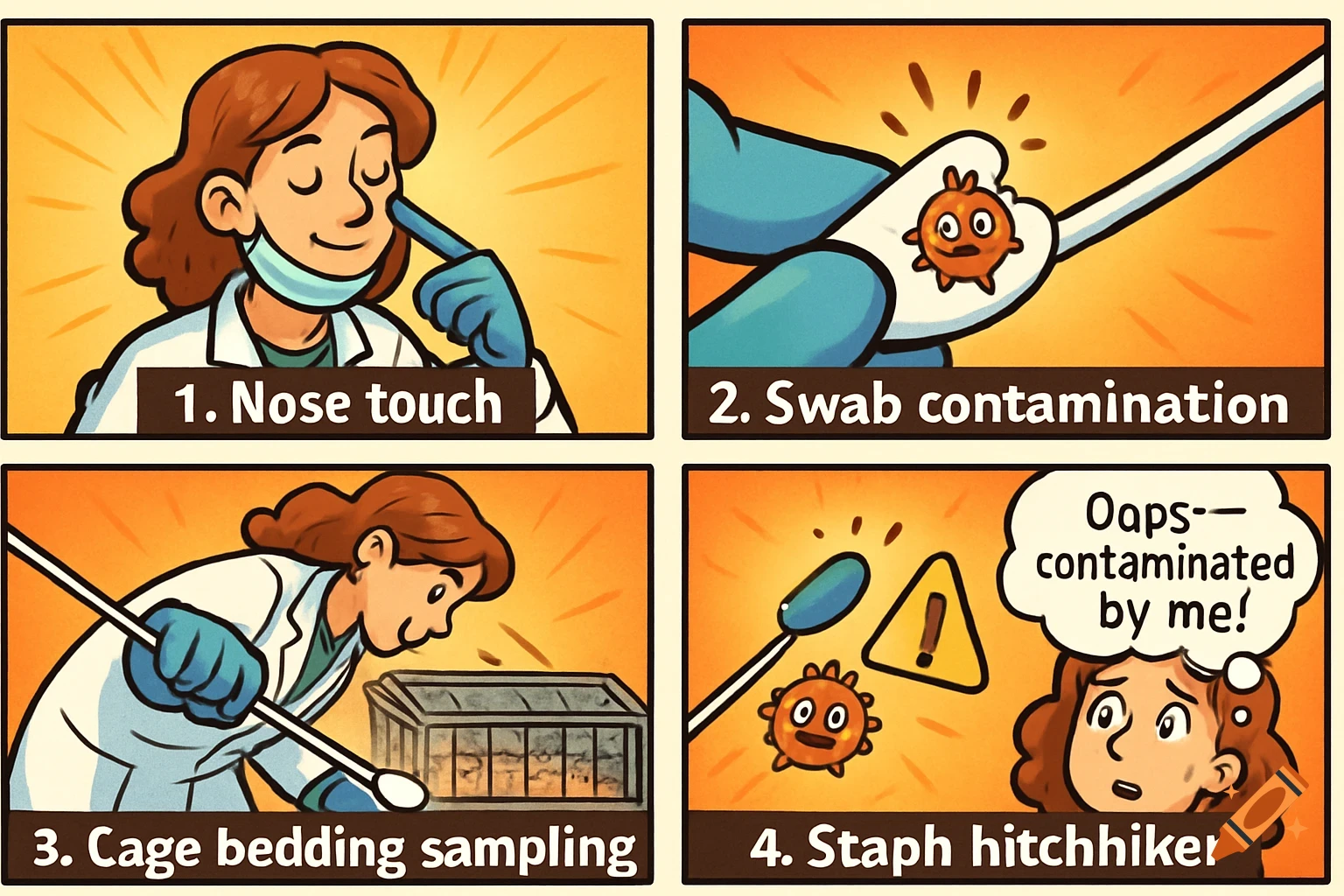 A four-panel comic strip showing a lab technician contaminating a swab by touching her nose, leading to staph transfer.