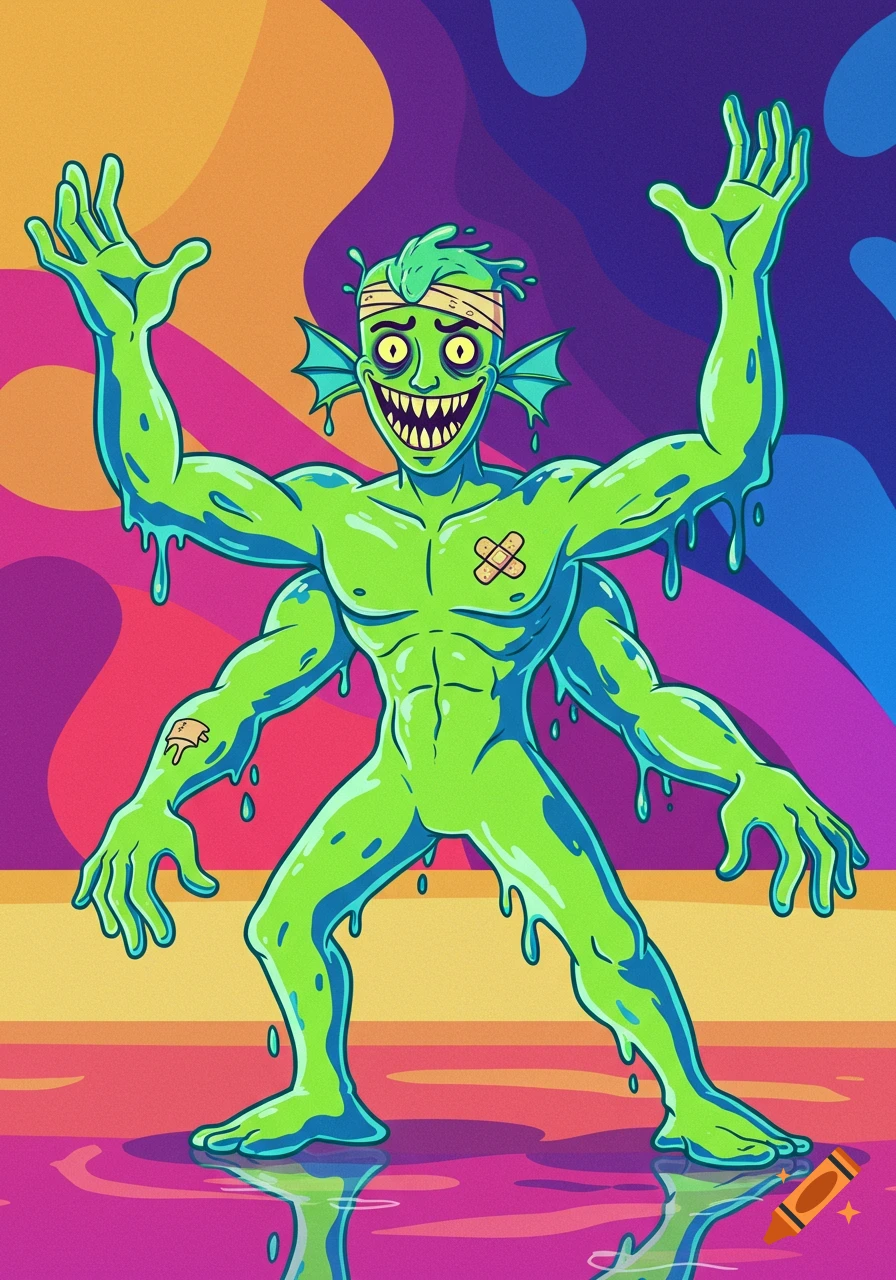 A vibrant cartoon illustration of a lime green, four-armed monster with sharp teeth and fish-like ears, covered in dripping slime, standing in a colorful puddle.