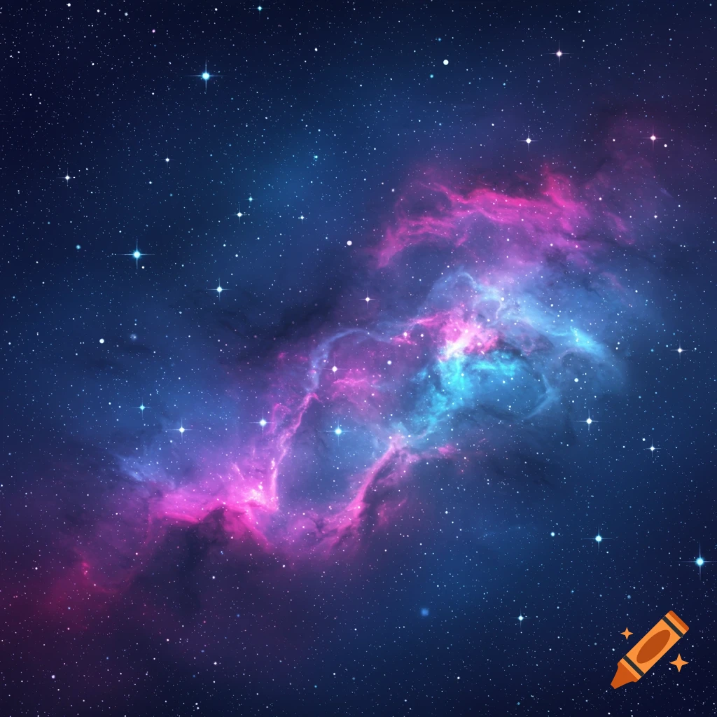 A vibrant pink and blue nebula stretches across a star-filled dark blue sky.