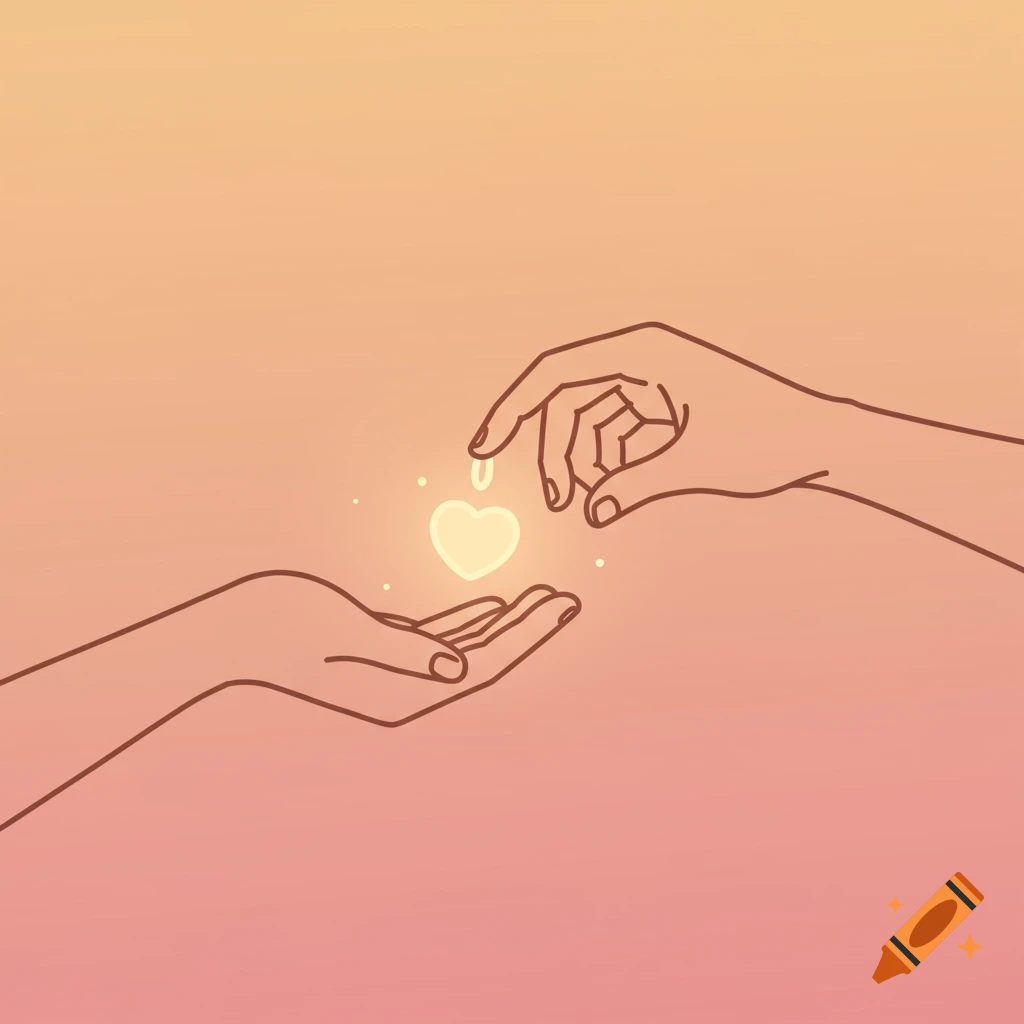 Minimalistic line art illustration of two hands exchanging a glowing heart against a warm gradient background.