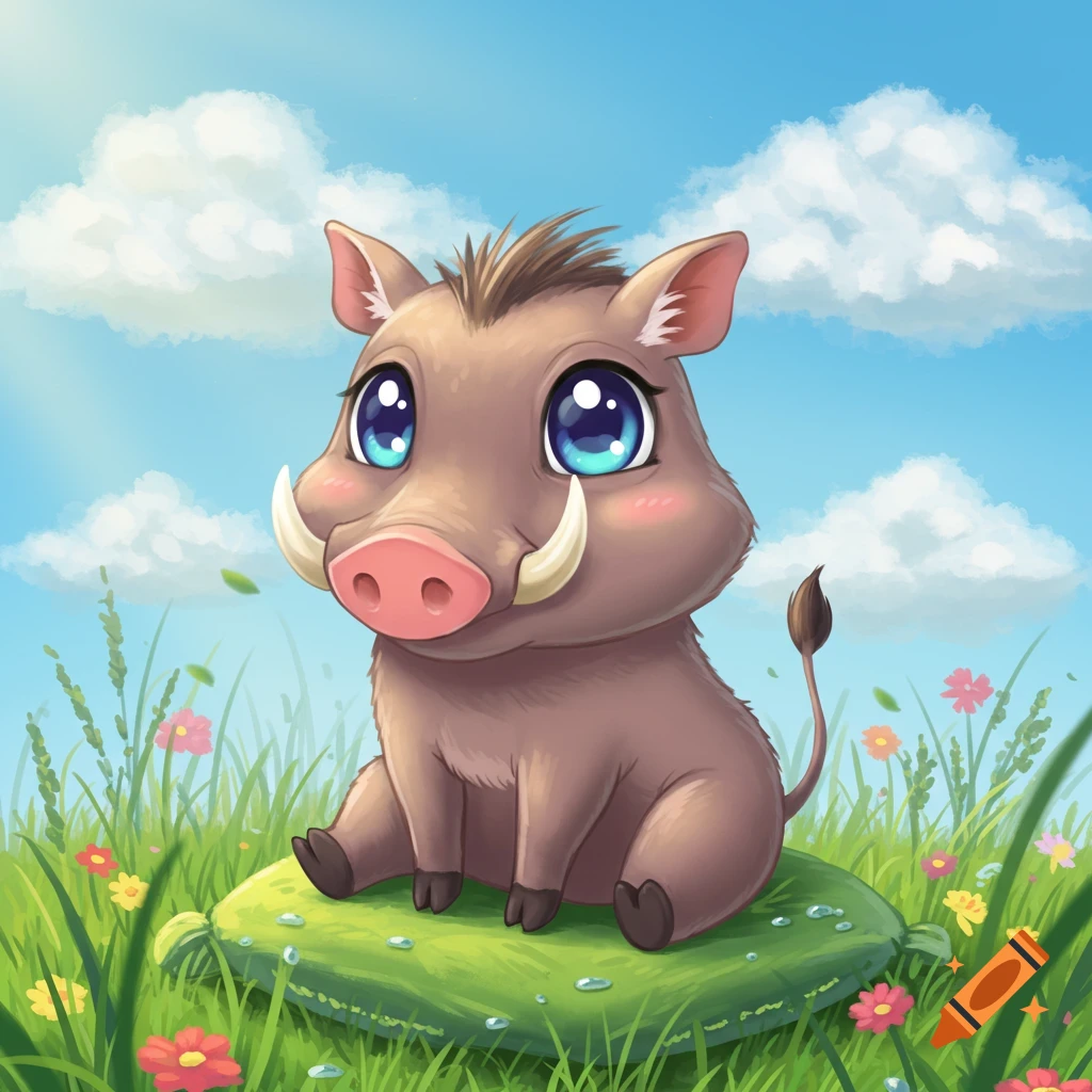 A cute, big-eyed chibi warthog sitting on a large green leaf in a field of colorful flowers under a blue sky.