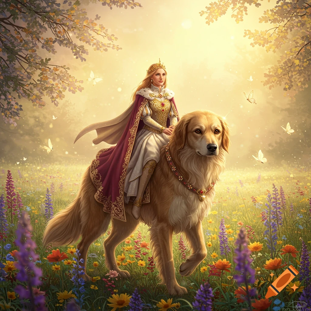 A beautiful princess in royal attire rides a large golden retriever through a sunny meadow filled with colorful wildflowers and butterflies.