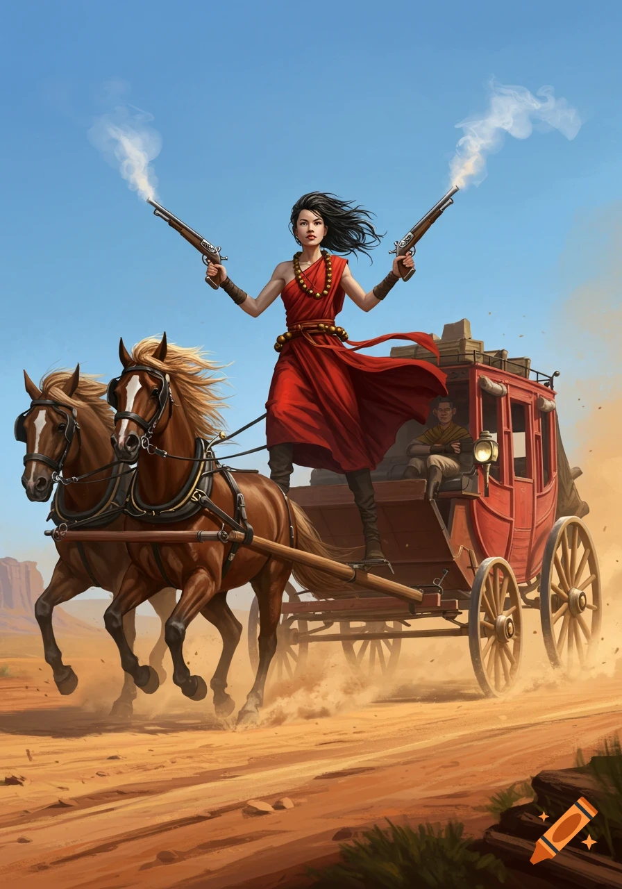 Woman in red robe on a stagecoach pulled by horses, firing two guns through a dusty desert landscape.