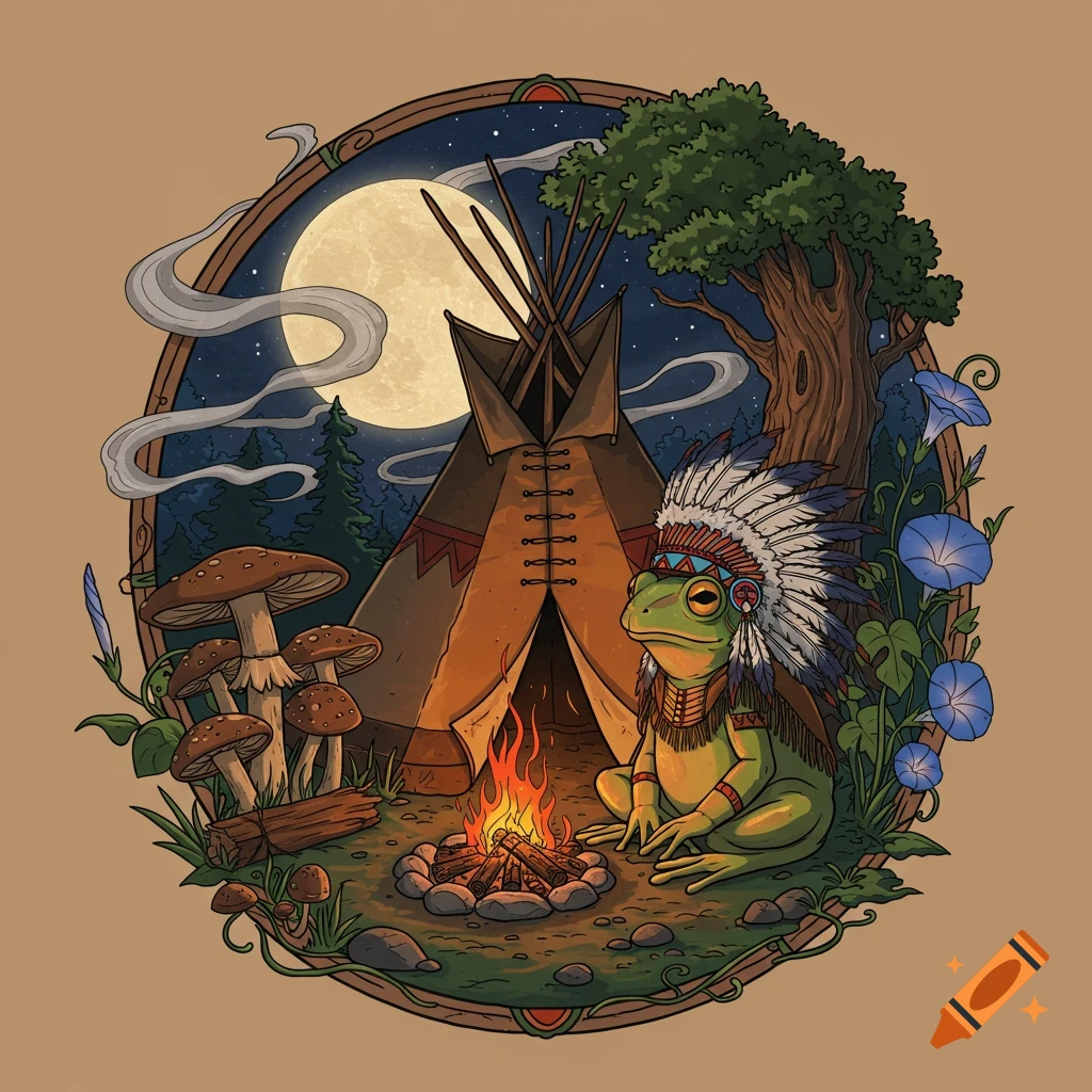 A stylized illustration of a frog wearing a Native American headdress, sitting by a campfire in front of a teepee under a full moon at night. Mushrooms and morning glories grow around the scene.