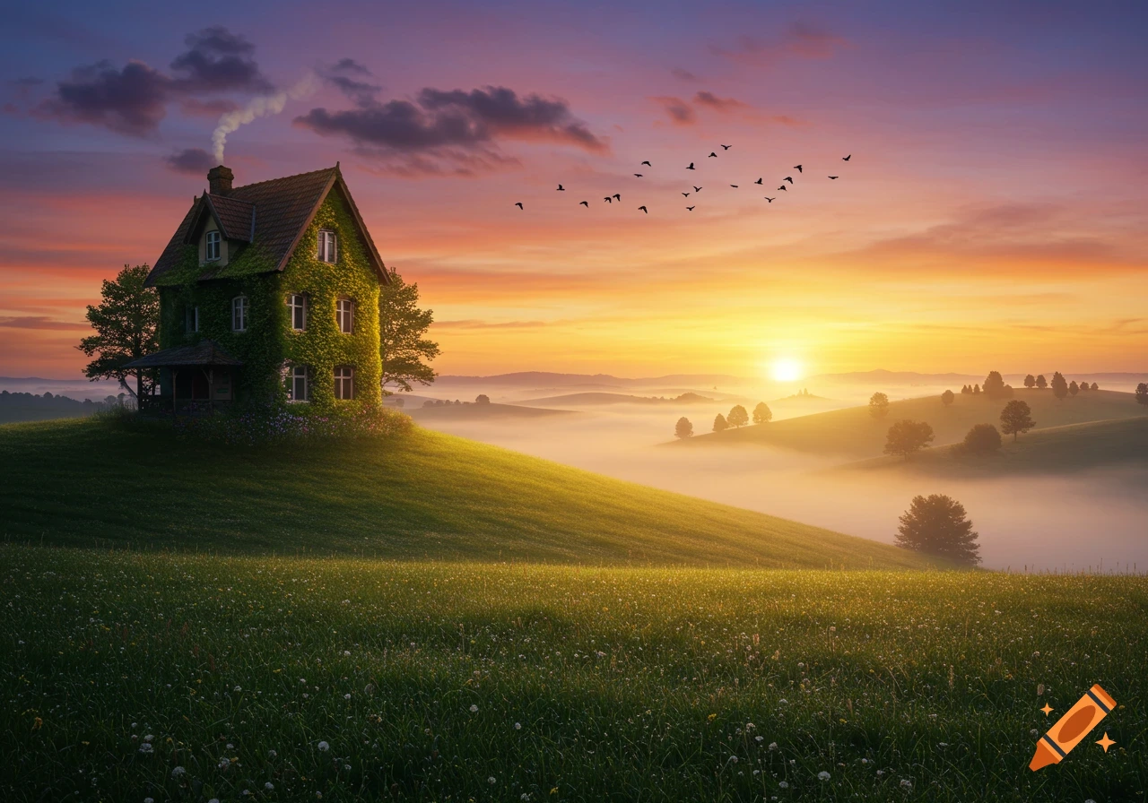 A photorealistic landscape of an ivy-covered house on a green hill with mist in the valleys at sunrise, with birds flying.