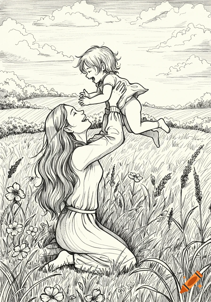 Black ink drawing of a mother kneeling in a grassy field, happily holding her child up in the air.