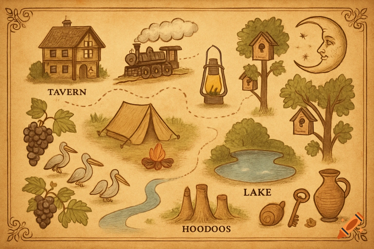 A rustic, hand-drawn map on parchment paper, featuring a tavern, train, lantern, birdhouses, crescent moon, grapes, pelicans, a camping tent, river, lake, and hoodoos.