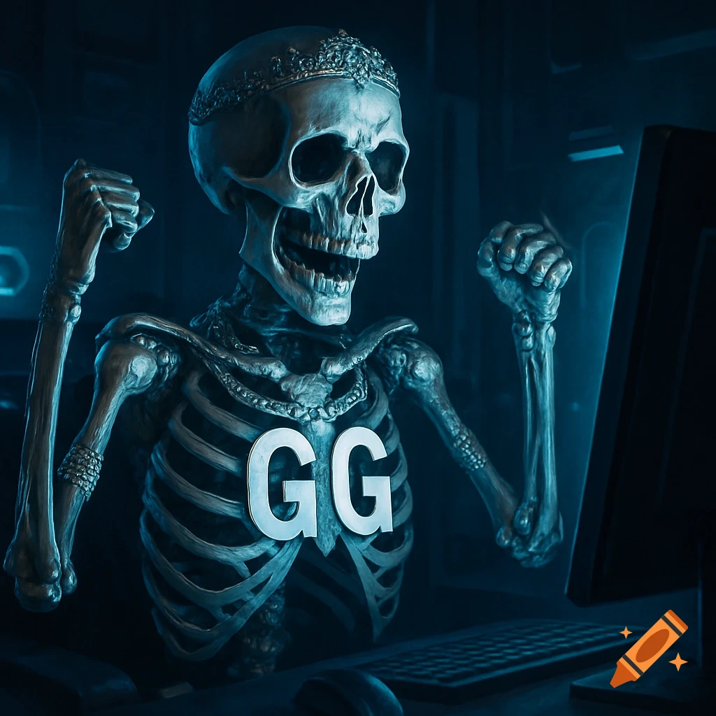 A skeletal king wearing a crown, flexing arms over a computer screen with 'GG' on its chest, celebrating a video game win.