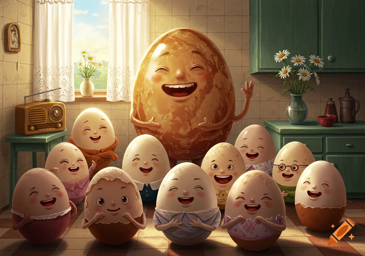 Cartoon illustration of a large, textured egg with a big smile surrounded by smaller, laughing anthropomorphic eggs in a sunny kitchen.