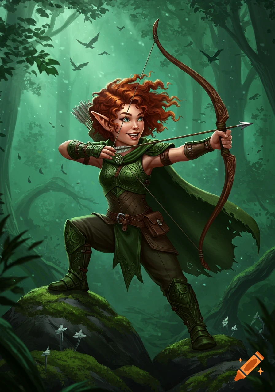 A cheerful female halfling archer in green leather armor aims her bow in a magical forest.