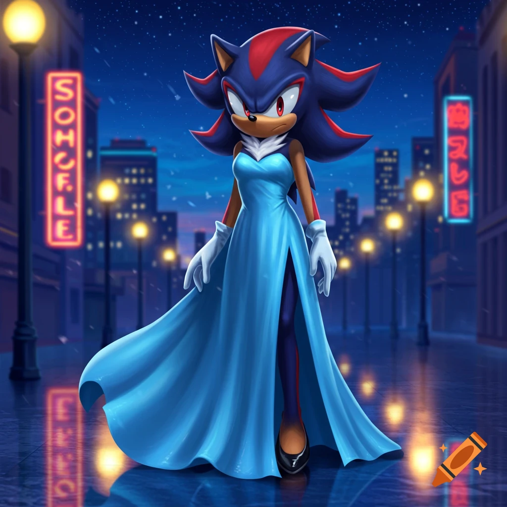 Shadow the Hedgehog wearing a blue floor-length dress with a high slit, standing in a rainy city street at night with neon lights.