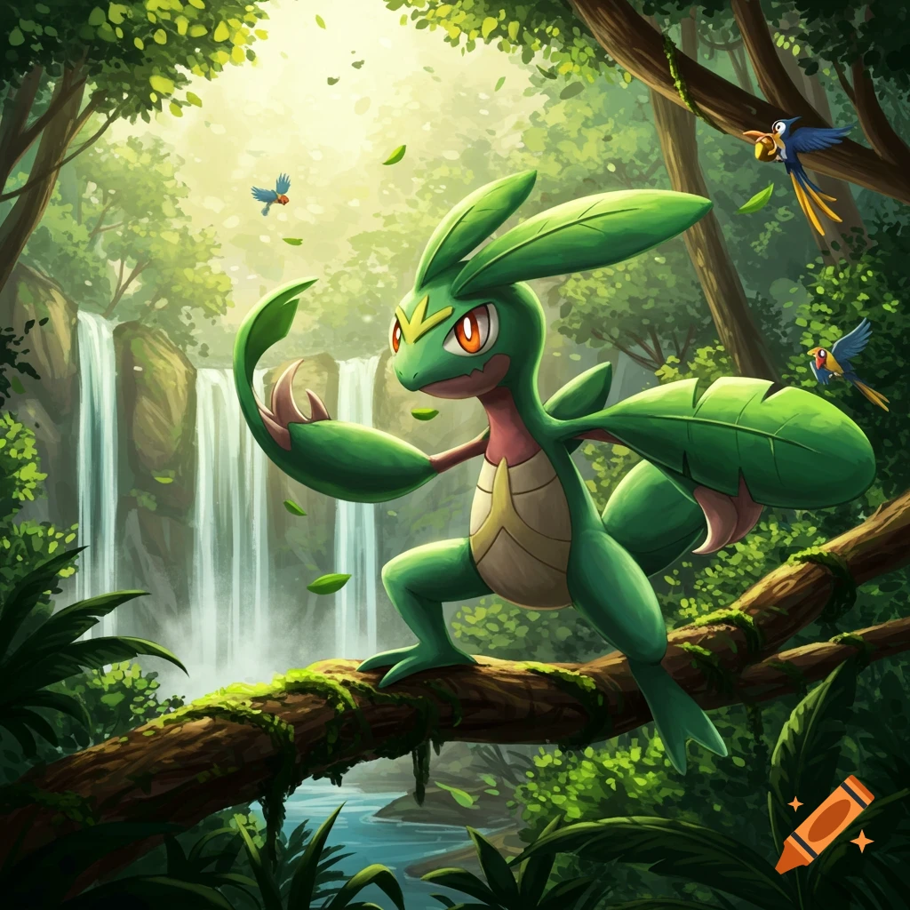 A green Grovyle Pokemon stands on a tree branch in a vibrant, sunlit jungle with a waterfall and birds.