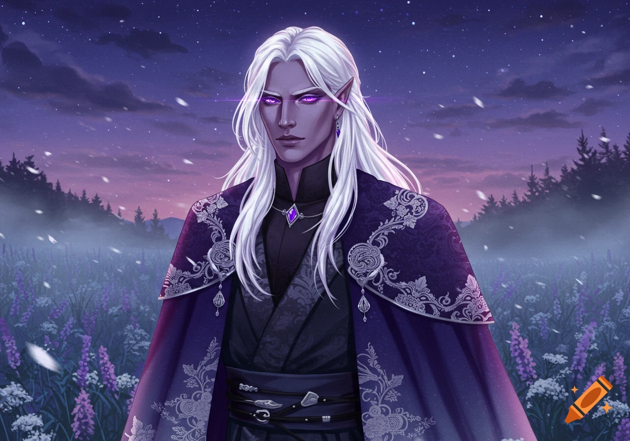 A white-haired man with glowing purple eyes and pointed ears stands in a field of lavender under a starry purple sky, wearing an ornate dark purple cape.