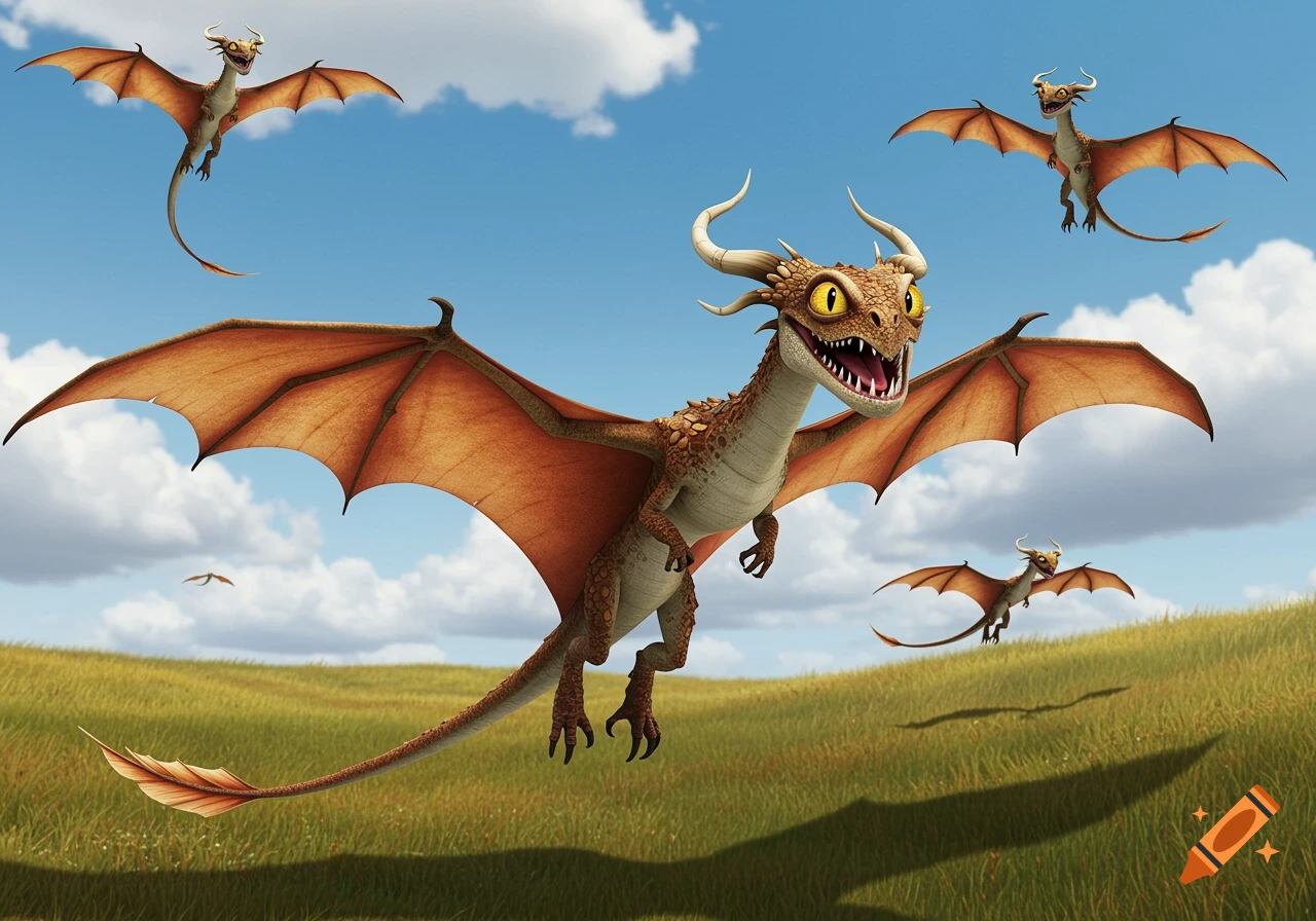 Cartoon dragons with brown scales and orange wings flying over a green grassy field under a blue sky.