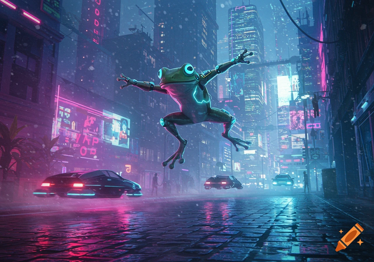 A cybernetic frog leaps in a neon-lit cyberpunk city with flying cars and falling snow.