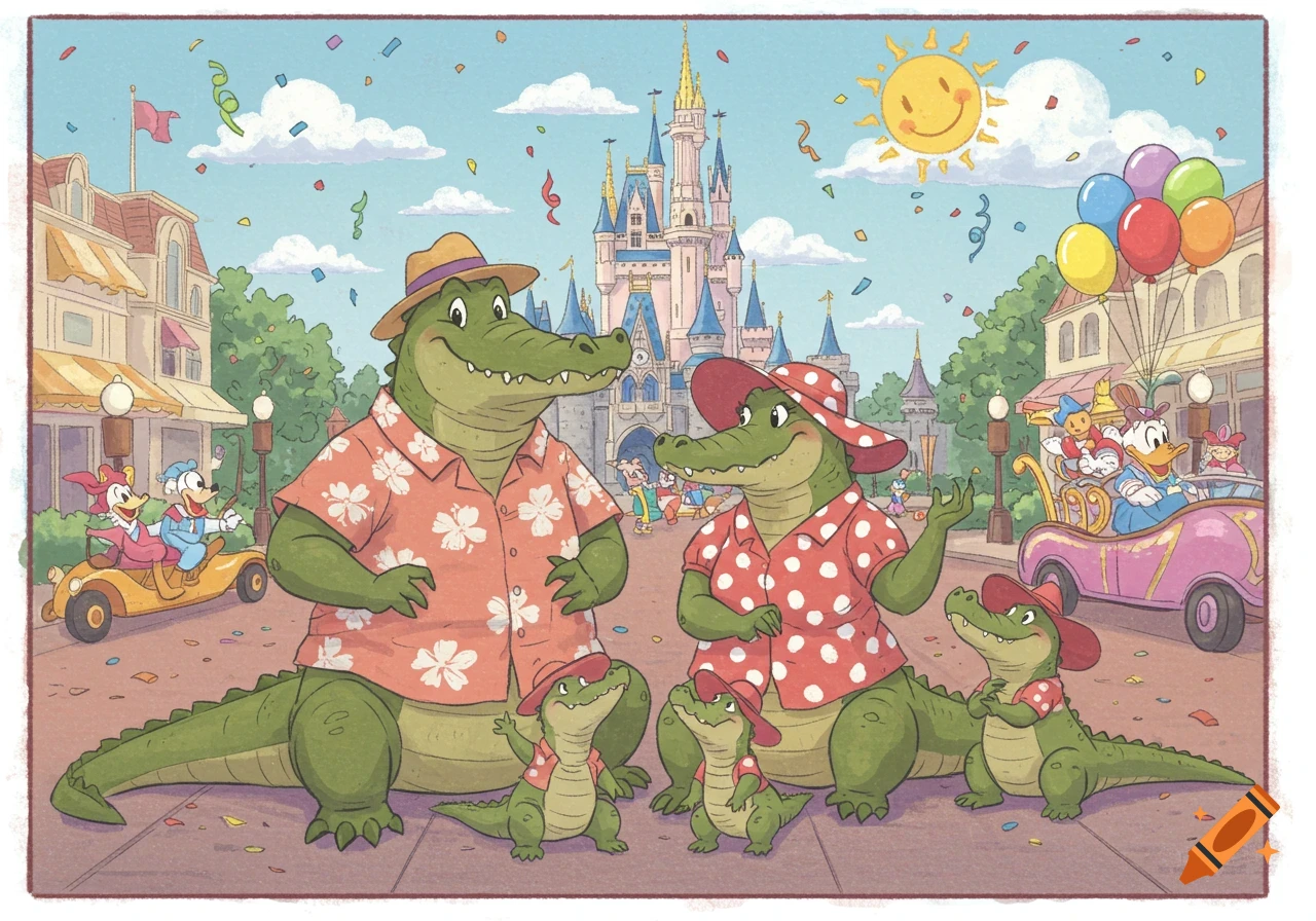A cartoon alligator family, including two adults in Hawaiian shirts and two small children, stands in front of a Disney-like castle at a theme park, with other cartoon characters in vehicles.