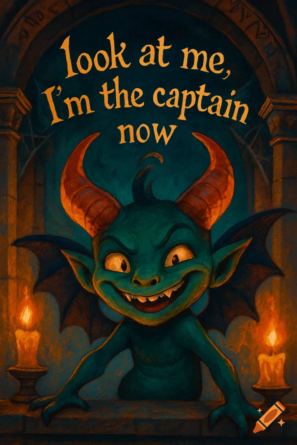 A cartoonish green demon with red horns and bat wings grins menacingly under the text 'look at me, I'm the captain now' in an archway with lit candles.