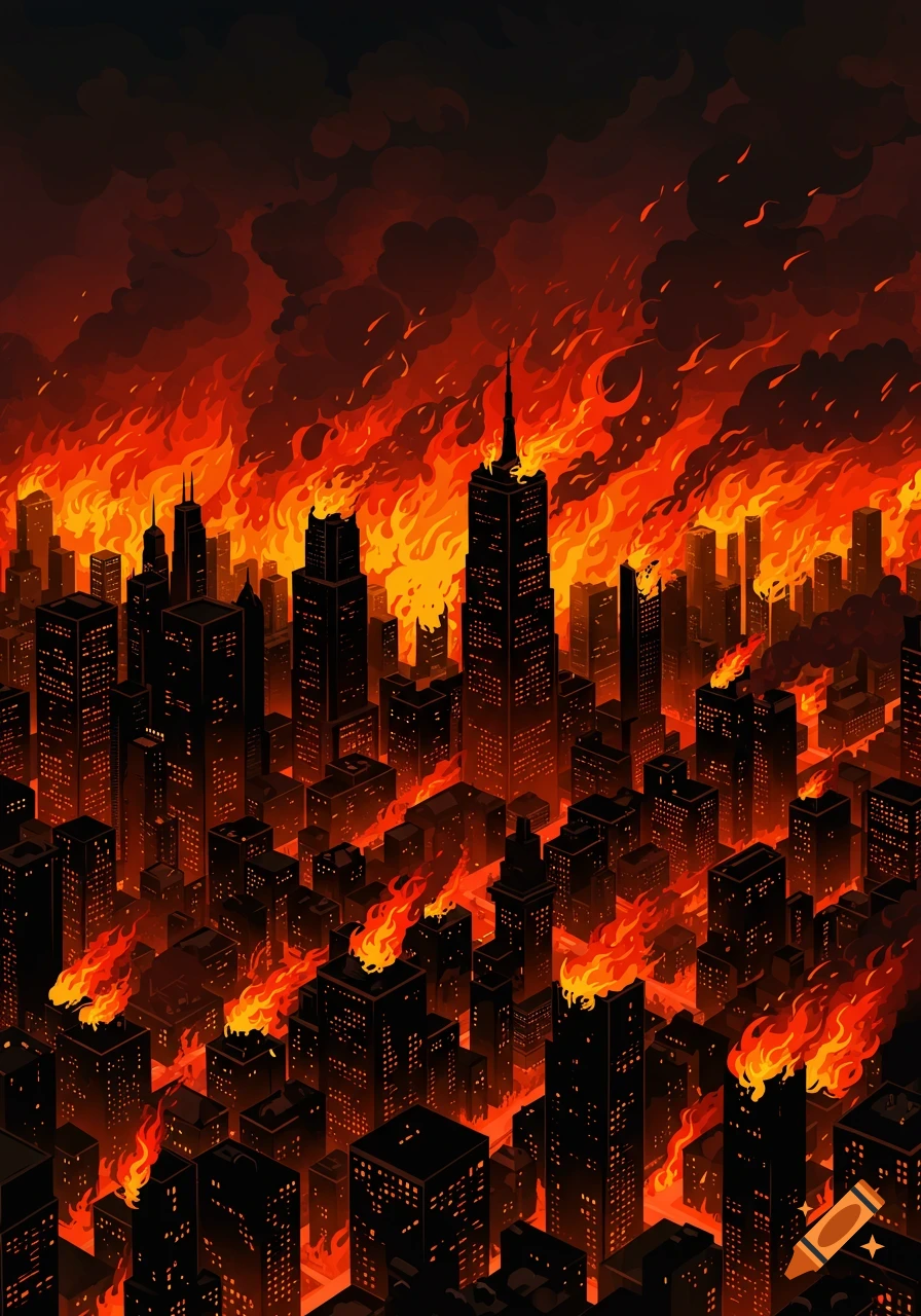 A vector illustration of a city engulfed in large, orange and yellow flames, with dark smoke rising into a black sky.