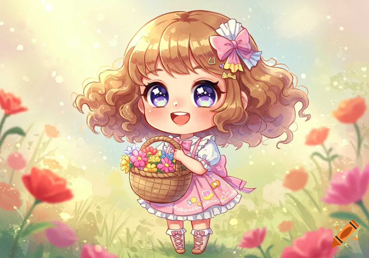 A cute chibi anime girl with curly brown hair holds a basket of colorful flowers in a sunny, green field.