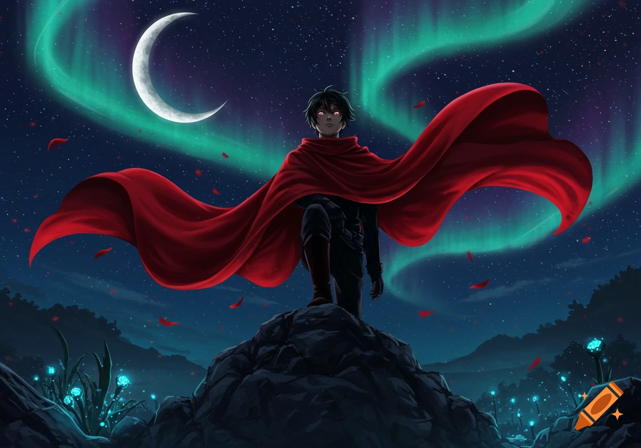 An anime man with glowing red eyes and a flowing red cape stands on a rock under a night sky with a crescent moon and aurora borealis.