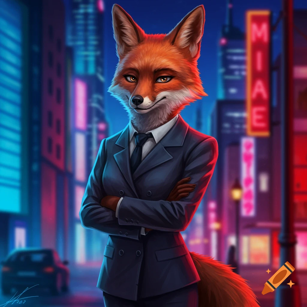 An anthropomorphic red fox in a dark suit stands with arms crossed in a vibrant, neon-lit city street at night, in a digital painting style.