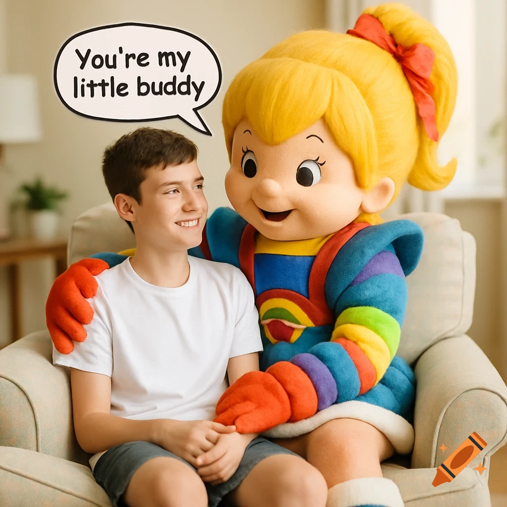 A smiling boy sits next to a colorful Rainbow Brite mascot in an armchair, with a speech bubble saying 'You're my little buddy'.