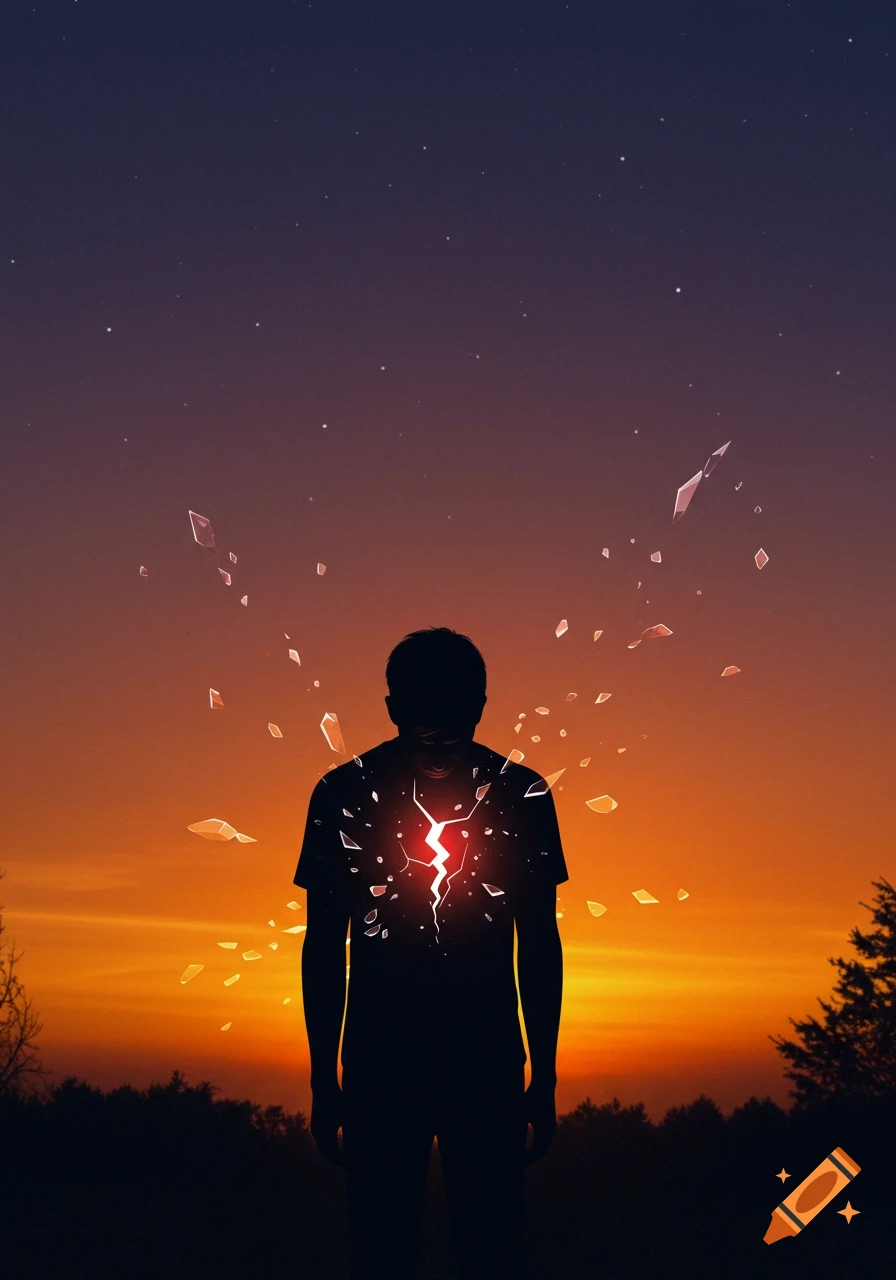 A silhouette of a person with a glowing, shattered heart against an orange and purple sunset sky with scattered light.