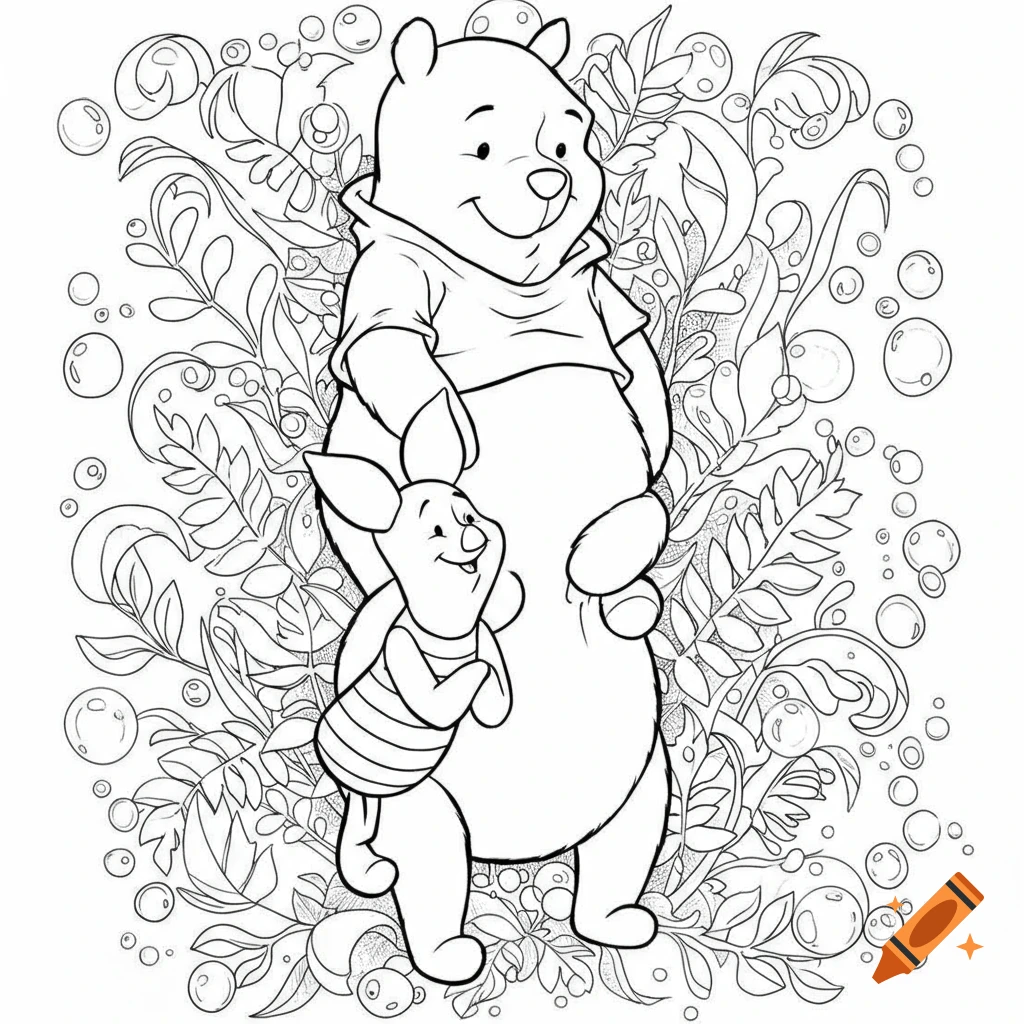 Black and white outline drawing of Winnie the Pooh and Piglet surrounded by leaves and bubbles.