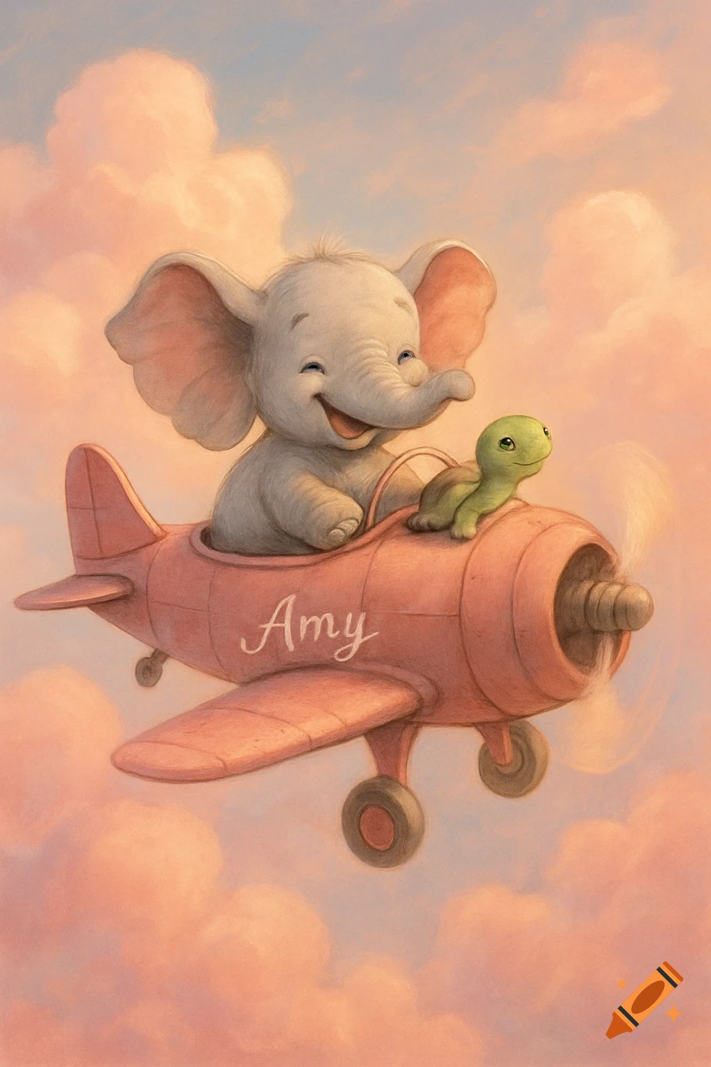 A happy baby elephant and a baby turtle flying a pink airplane with "Amy" written on it, through pink clouds in a charming illustration style.