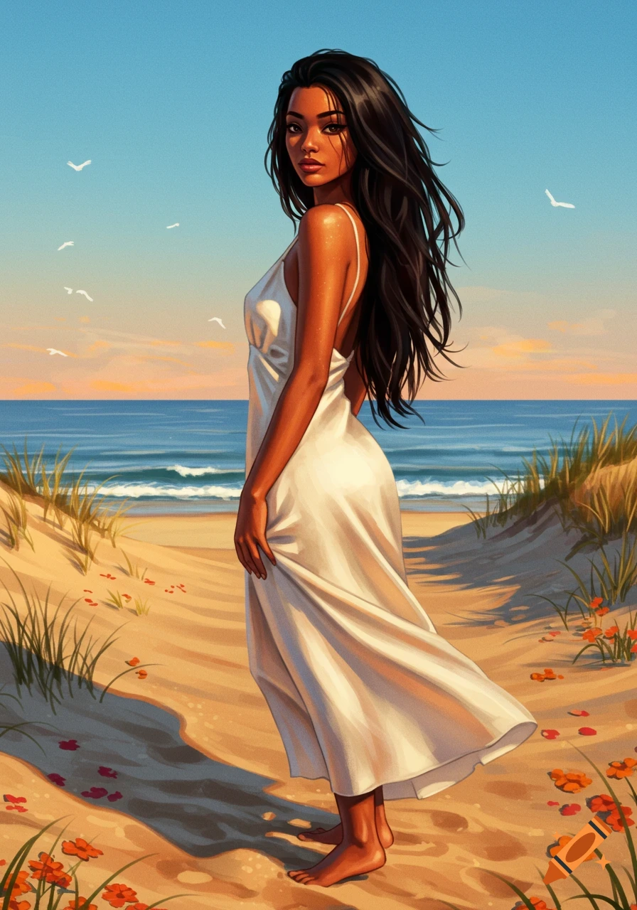 Digital illustration of a woman with long dark hair in a white dress standing on a sandy beach at sunset.