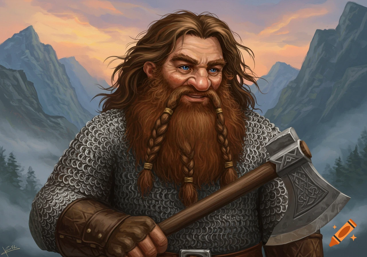 A strong fantasy dwarf with a long beard and braided hair wears chainmail and holds an ornate axe, standing before mountains at sunset.