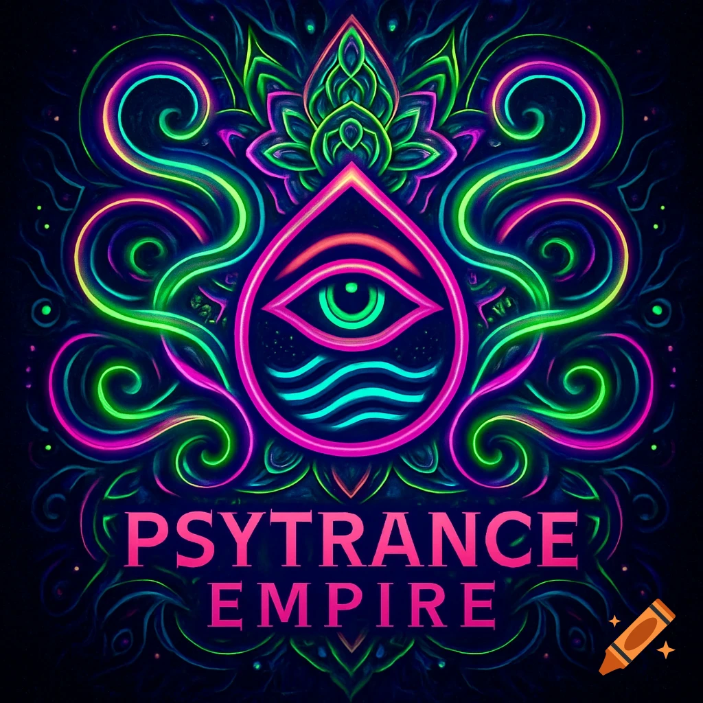 A neon glowing psychedelic logo with an eye, waves, and abstract swirling patterns in pink, green, and blue. Text reads 'PSYTRANCE EMPIRE'.