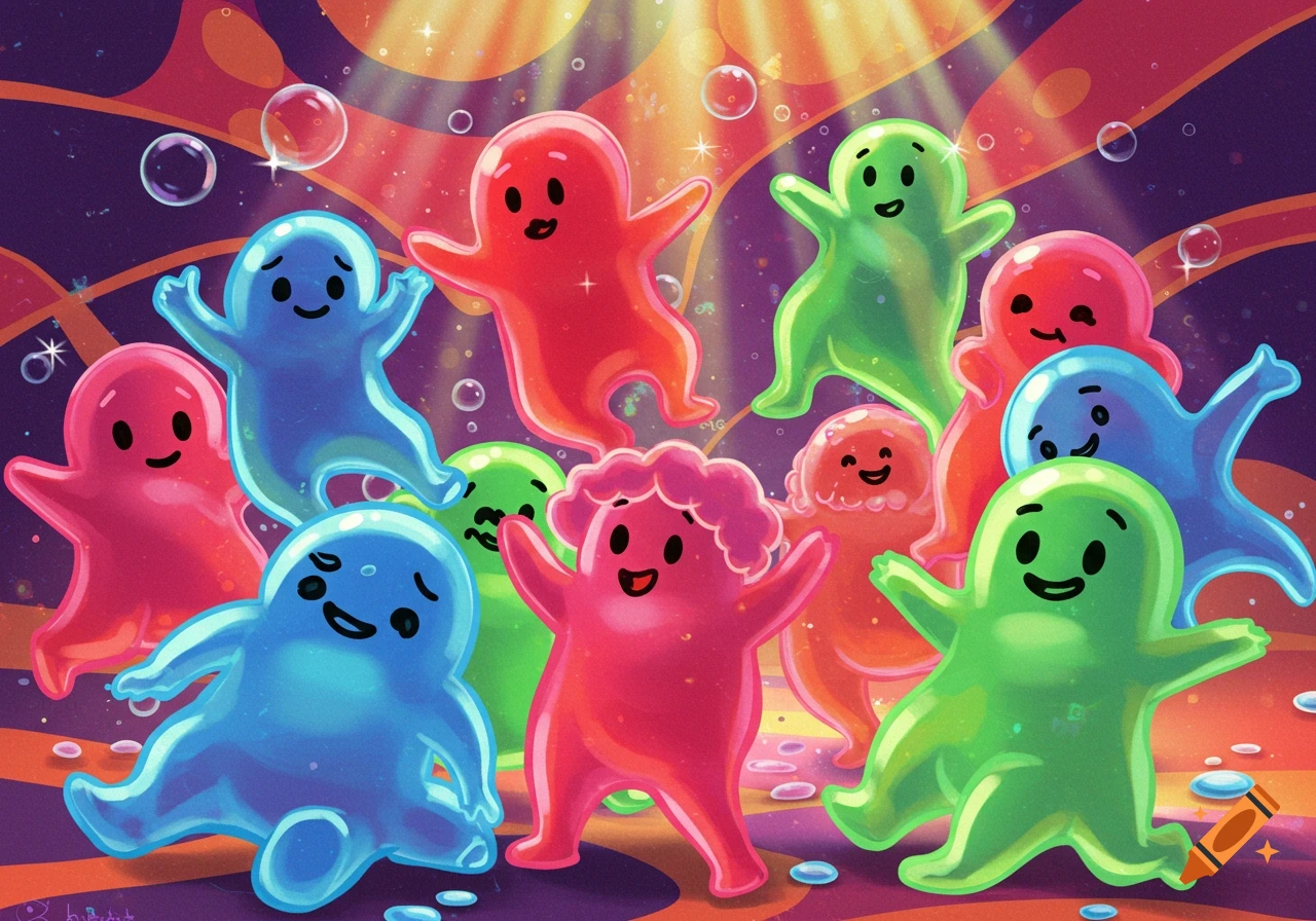 A group of colorful, happy, jelly-like cartoon characters floating in a vibrant, bubbly, abstract space with glowing light.