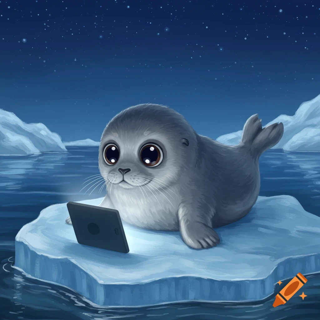 A cute gray seal with large eyes lies on an ice floe, looking at a tablet screen at night under a starry sky.