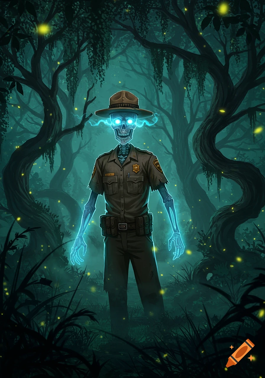 An illustrated glowing blue skeleton dressed as a park ranger stands in a dark, misty forest with glowing yellow lights.