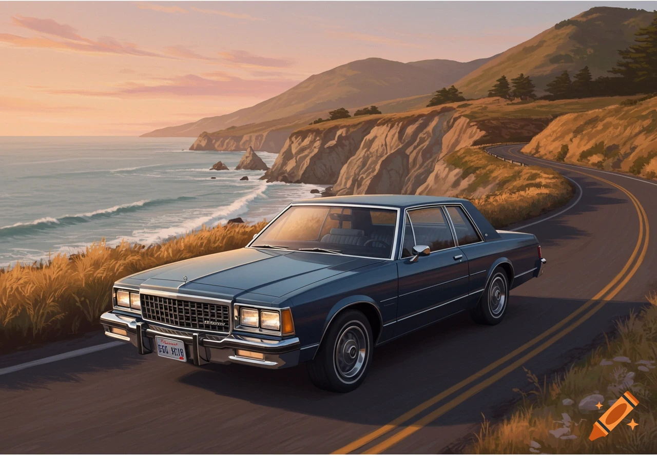 A blue 1983 Chevy Impala drives on a winding coastal road at sunset, with cliffs, ocean waves, and mountains in the background.