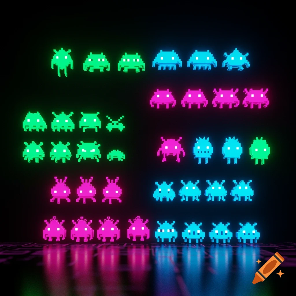 Rows of neon-glowing pixel art alien sprites from Space Invaders on a dark,  reflective surface. on Craiyon, image size:1024x1024