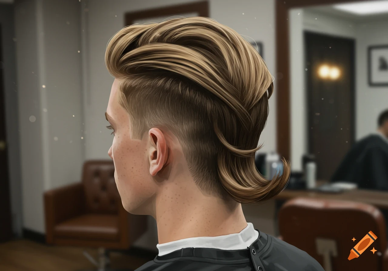 Side profile of a man with a mid taper fade and long, styled blonde hair in a barbershop, digital painting.