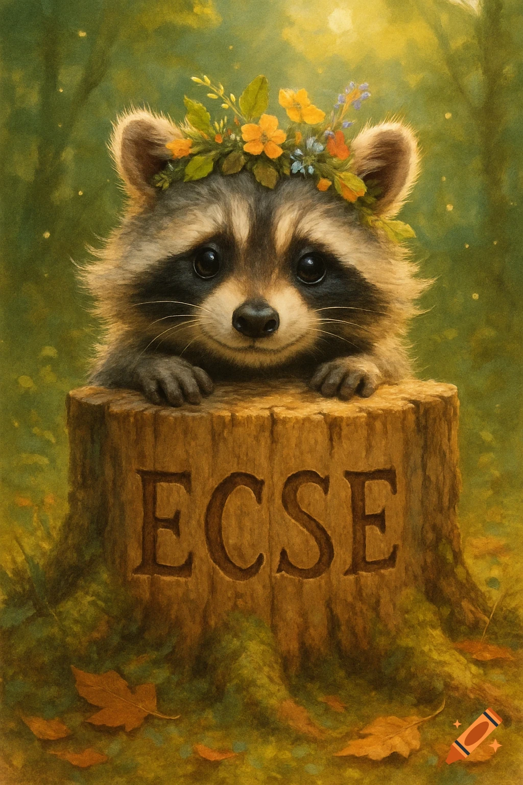 A cute raccoon wearing a flower crown peeks over a tree stump with "ECSE" carved into it, in a whimsical forest setting.