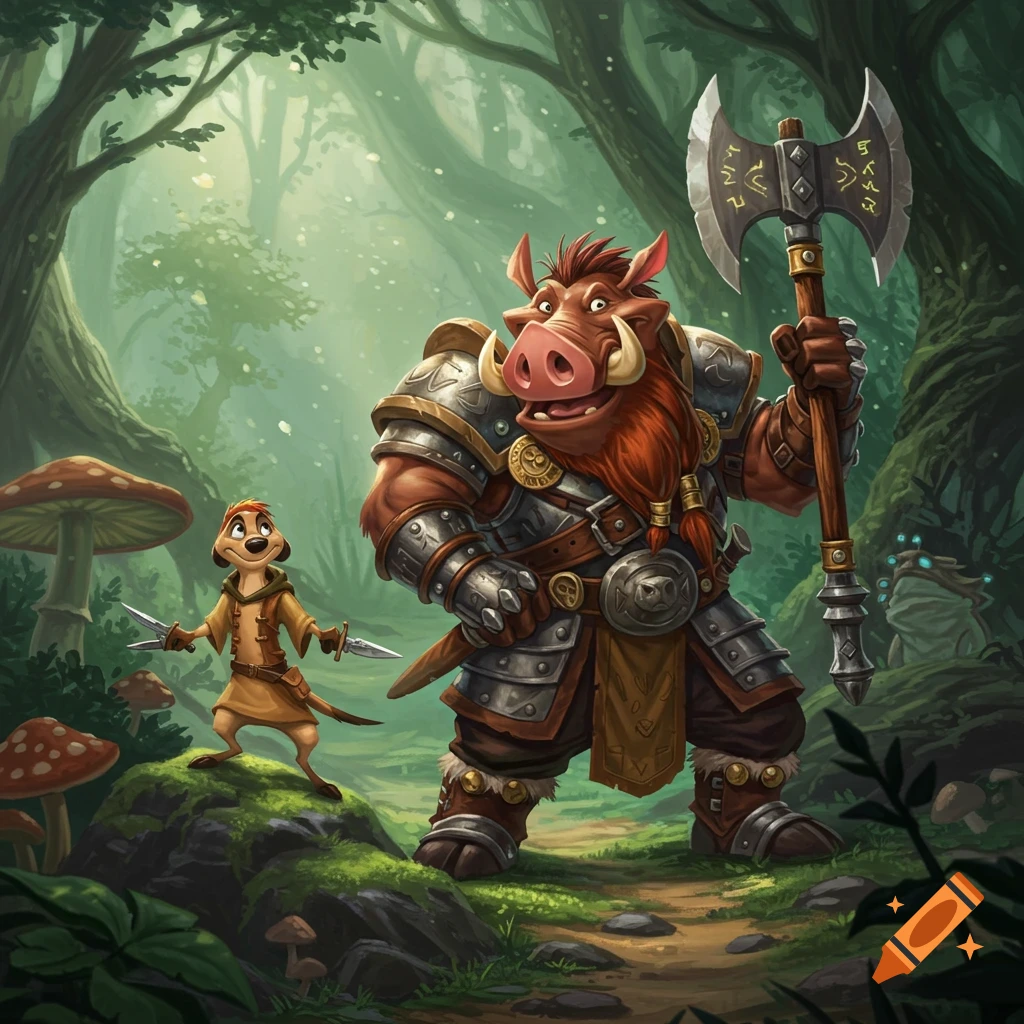 Timon and Pumbaa as fantasy adventurers in a vibrant forest. Pumbaa, a large boar, wears armor and wields a battle axe. Timon, a meerkat, holds two daggers.