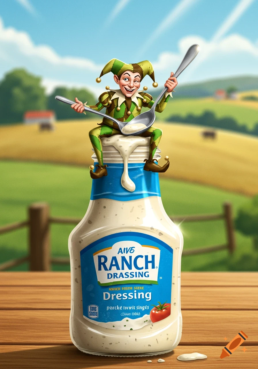 A cartoon jester in green and brown sits atop a bottle of ranch dressing, holding two spoons with dressing. The scene is set on a wooden table with a blurred rural background of green and yellow fields under a blue sky.