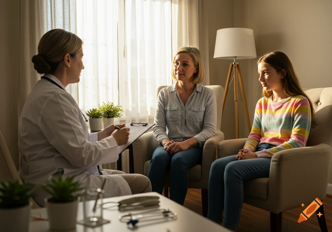 A female doctor talks with a woman and a teenage girl sitting in armchairs in a well-lit room.