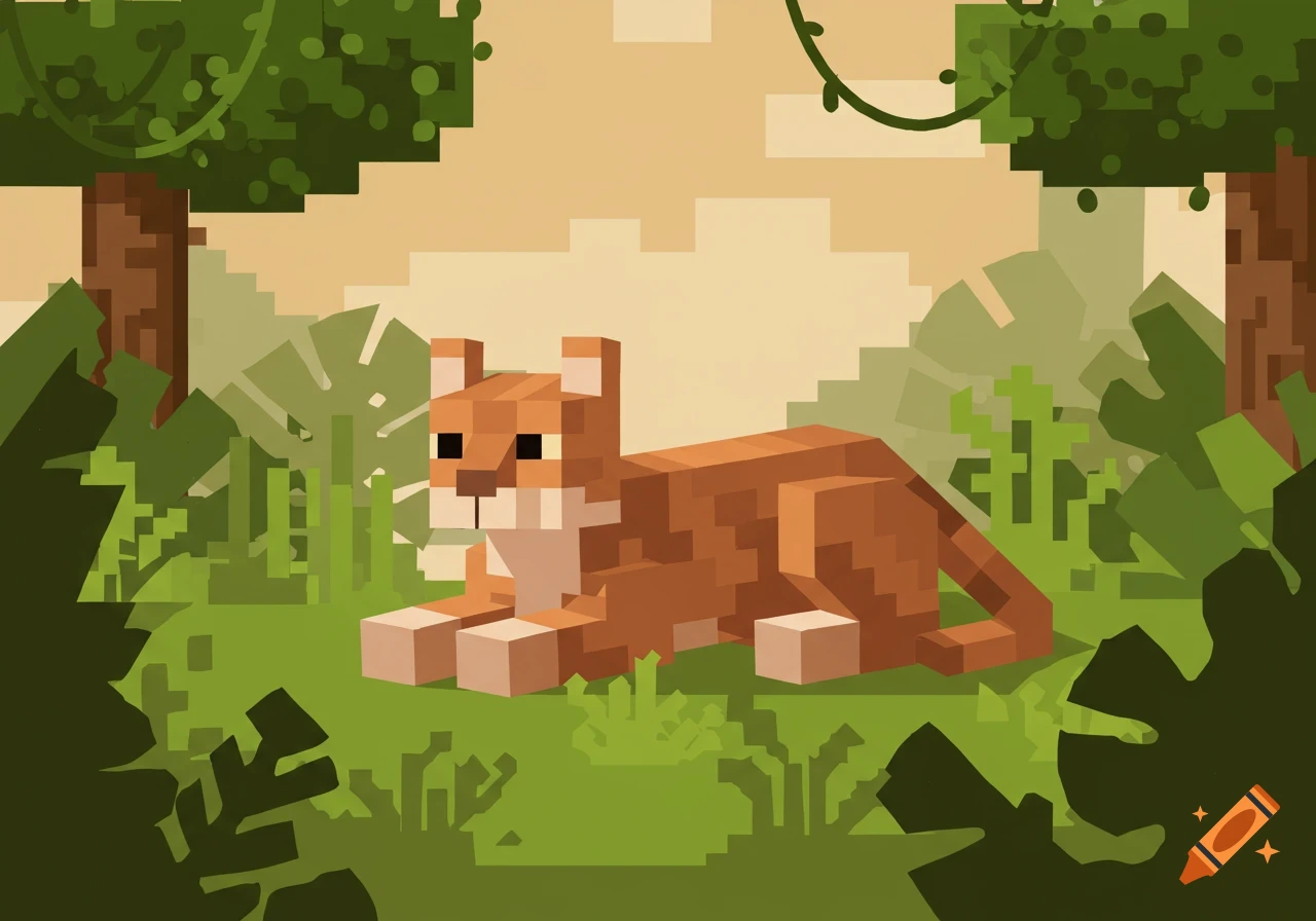 A blocky, orange and white ocelot lies in a pixelated green jungle clearing under a bright sky, in a Minecraft-like style.