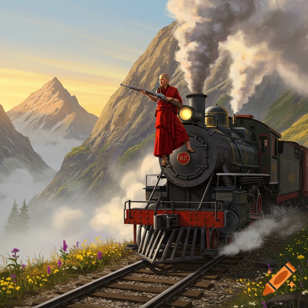 A female monk in red robes stands on the front of a steam locomotive, holding a rifle, with mountains and a vibrant sky in the background.