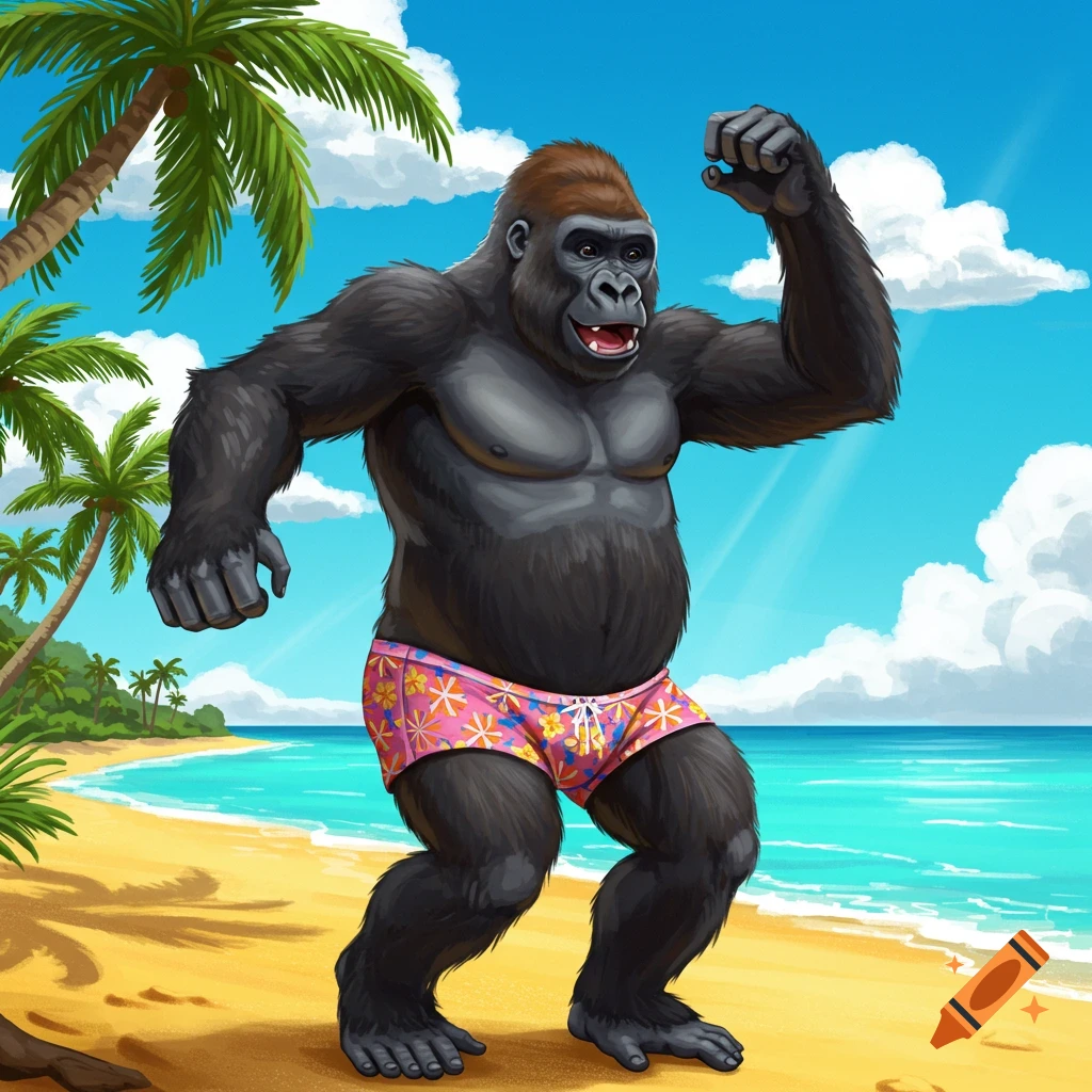 A cartoon gorilla in pink floral swim trunks dances on a sunny tropical beach with palm trees.