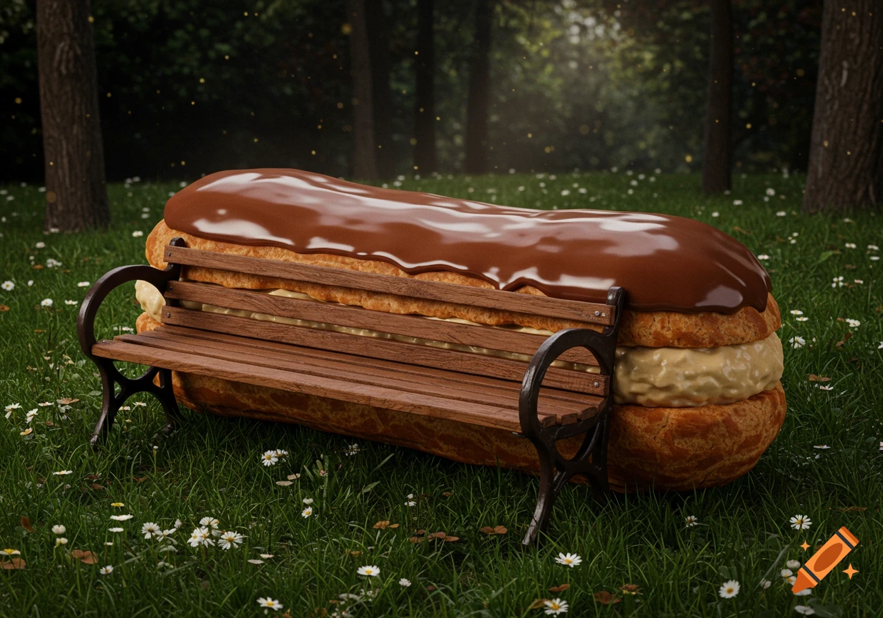 A photorealistic image of a giant chocolate eclair shaped like a park bench, sitting on green grass in a park.