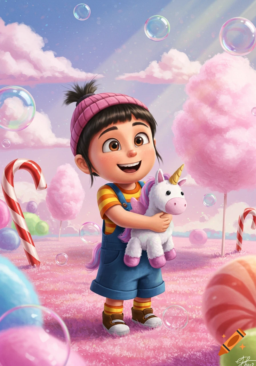 Agnes Gru from Despicable Me holding a unicorn plushie in a whimsical, colorful candy land with cotton candy trees, candy canes, and bubbles.